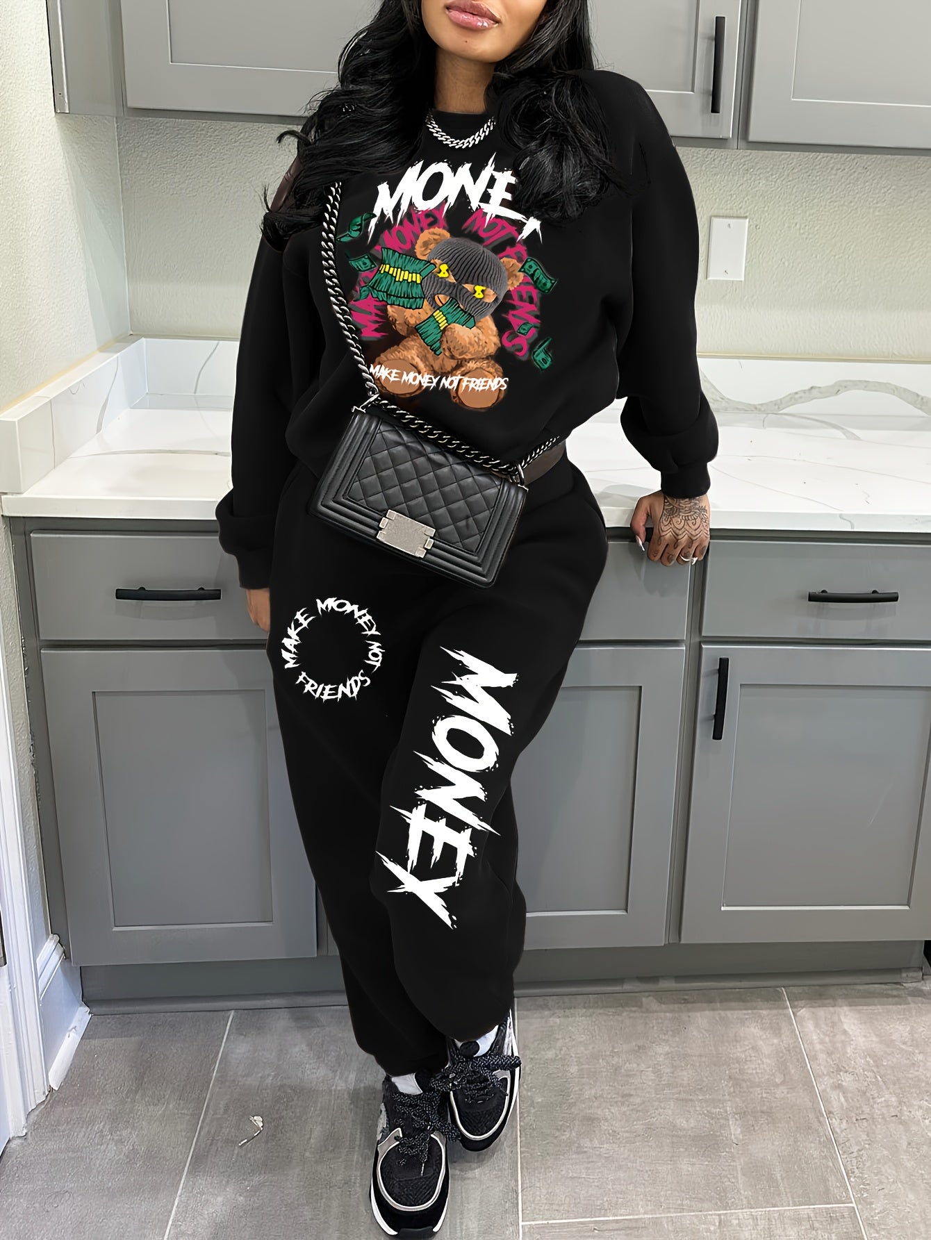 Women'S Casual Polyester Tracksuit, Crew Neck Knit Fabric Alphabet Pattern Loungewear, with Sweatshirt and Pants Set